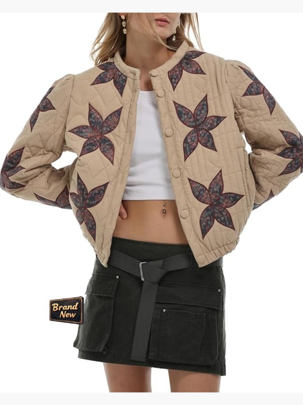 Floral Embroidered Cropped Quilted Puffer Jacket With Pockets